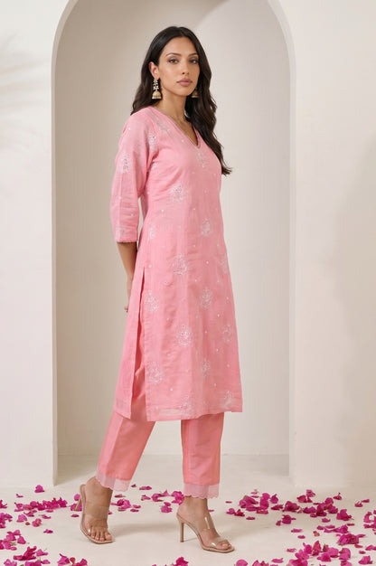 Pink Thread Embroidered Chanderi Straight Kurta with Pants and Dupatta Set