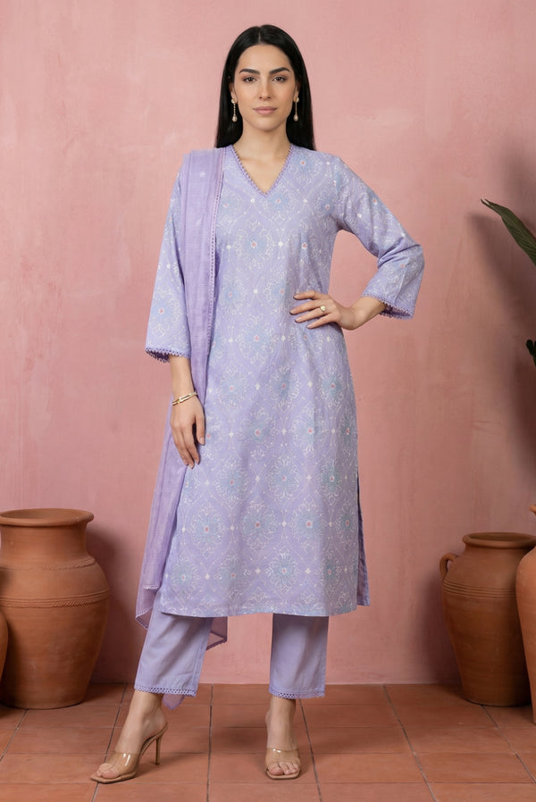 Lavender Thread Embroidered Pure Cotton Straight Kurta with Straight Pants and Dupatta Set
