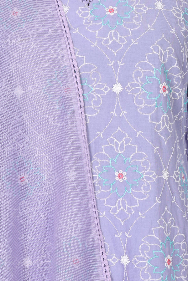Lavender Thread Embroidered Pure Cotton Straight Kurta with Straight Pants and Dupatta Set
