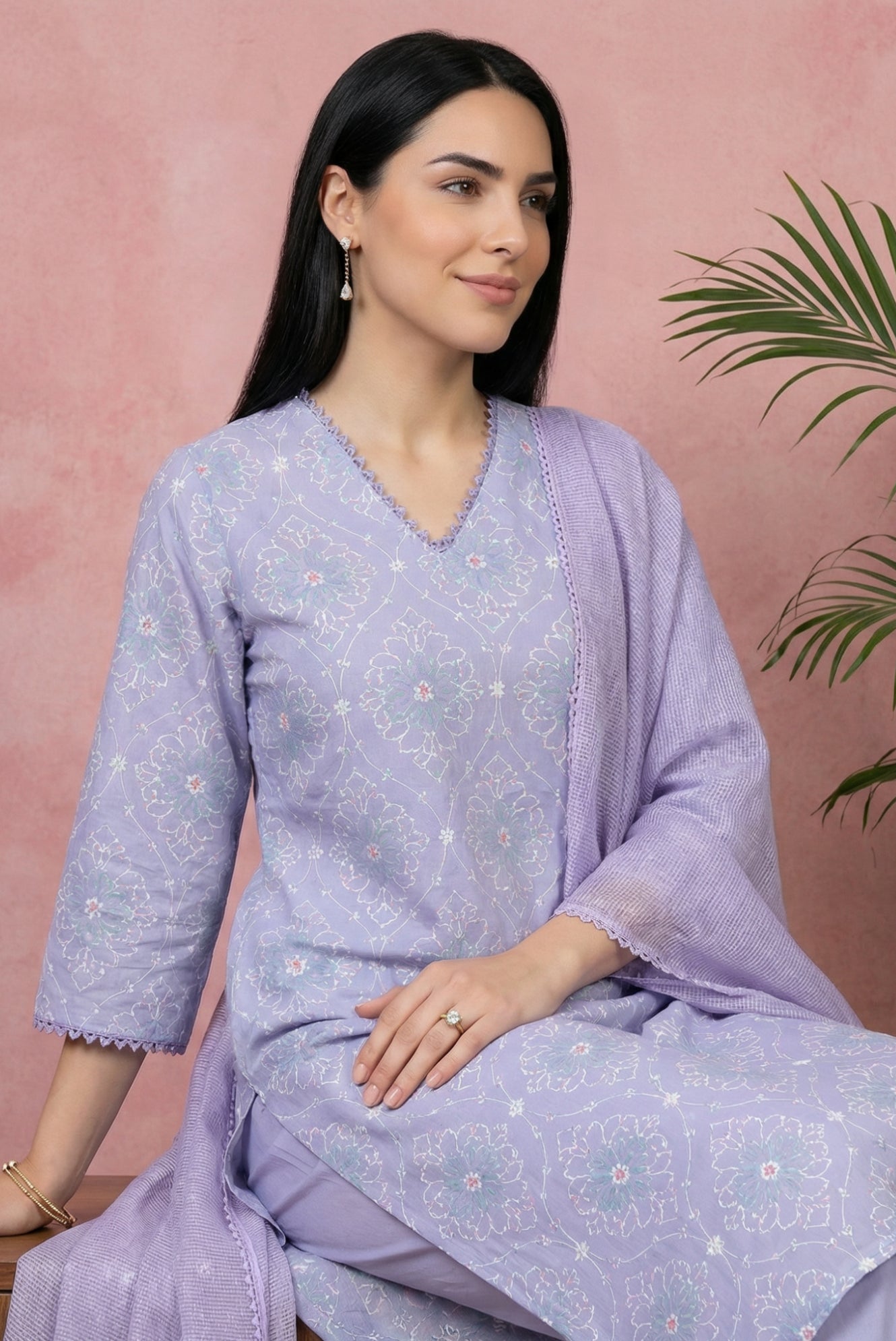 Lavender Thread Embroidered Pure Cotton Straight Kurta with Straight Pants and Dupatta Set