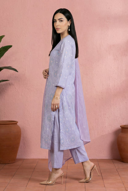 Lavender Thread Embroidered Pure Cotton Straight Kurta with Straight Pants and Dupatta Set