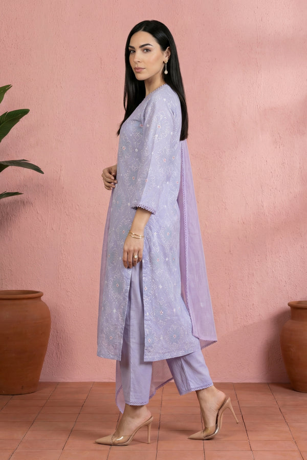 Lavender Thread Embroidered Pure Cotton Straight Kurta with Straight Pants and Dupatta Set