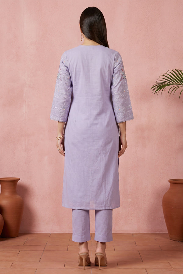 Lavender Thread Embroidered Pure Cotton Straight Kurta with Straight Pants and Dupatta Set