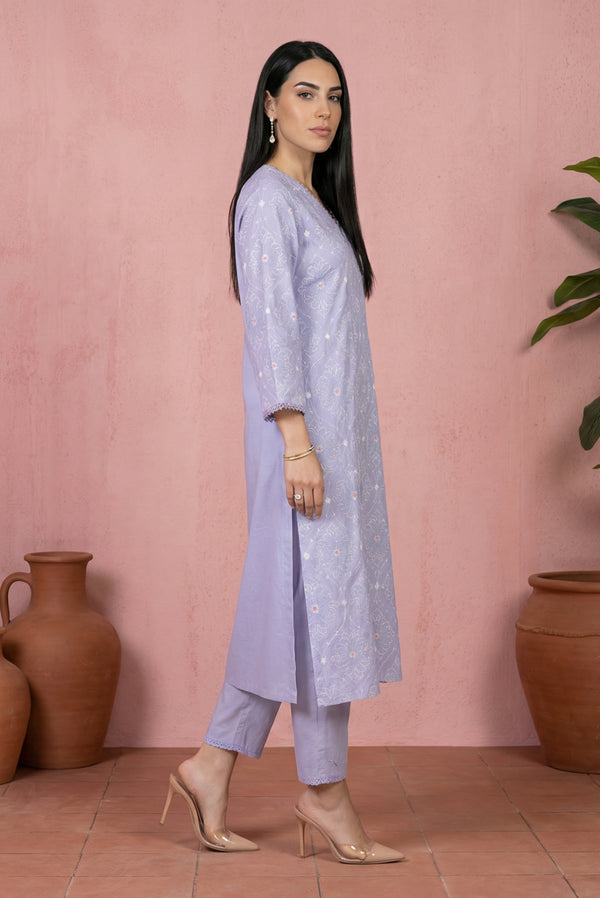 Lavender Thread Embroidered Pure Cotton Straight Kurta with Straight Pants and Dupatta Set