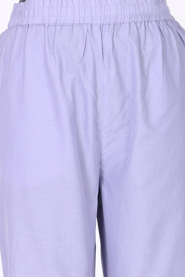 Lavender Thread Embroidered Pure Cotton Straight Kurta with Straight Pants and Dupatta Set
