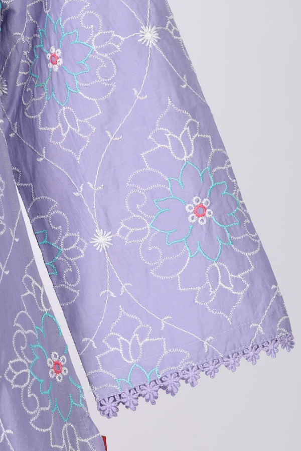 Lavender Thread Embroidered Pure Cotton Straight Kurta with Straight Pants and Dupatta Set