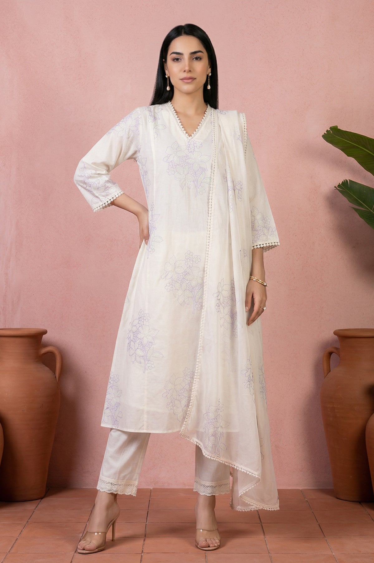 Off White Thread Embroidered Pure Cotton Straight Kurta With Straight Pants And Dupatta Set - S