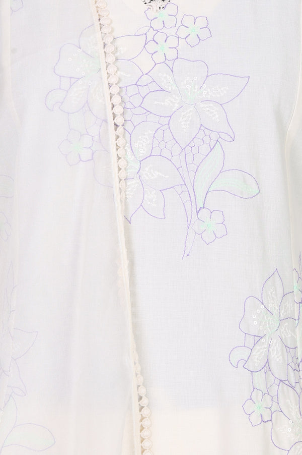 Off White Thread Embroidered Pure Cotton Straight Kurta With Straight Pants And Dupatta Set