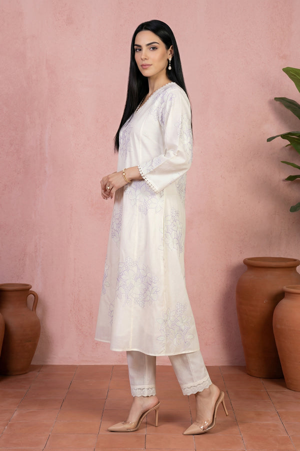 Off White Thread Embroidered Pure Cotton Straight Kurta With Straight Pants And Dupatta Set