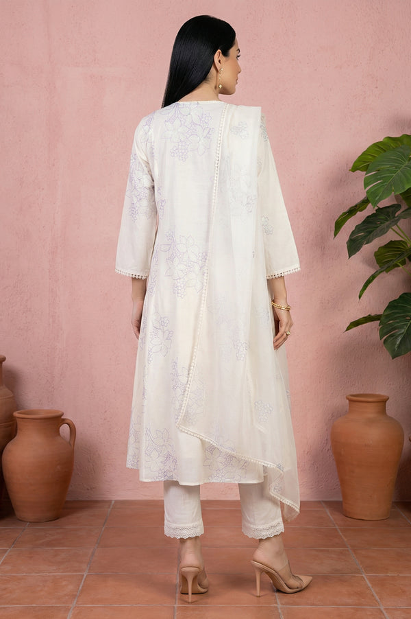 Off White Thread Embroidered Pure Cotton Straight Kurta With Straight Pants And Dupatta Set