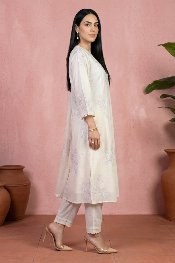 Off White Thread Embroidered Pure Cotton Straight Kurta With Straight Pants And Dupatta Set
