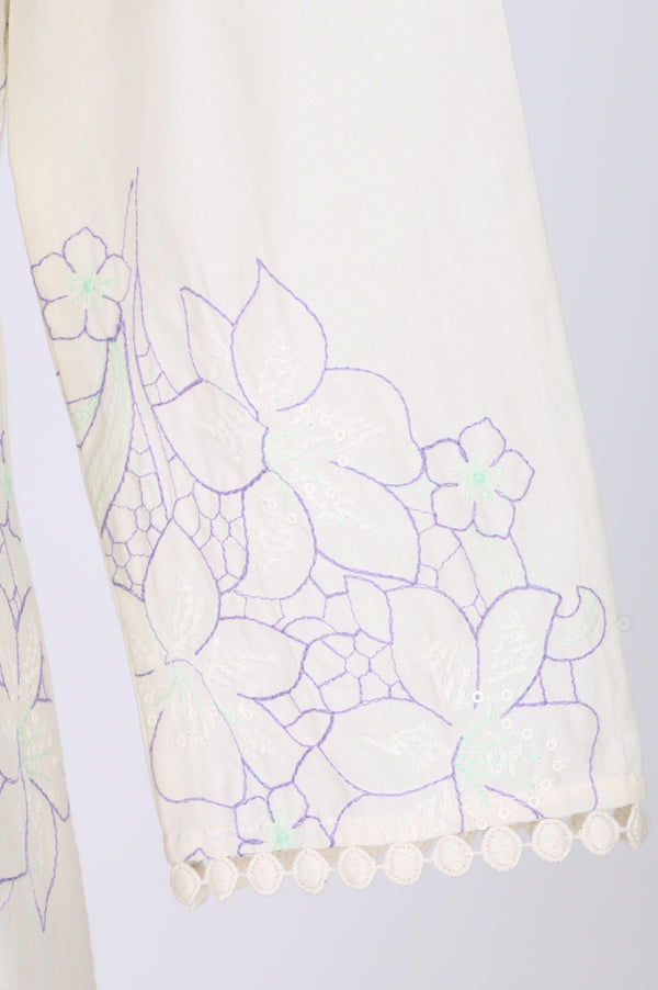 Off White Thread Embroidered Pure Cotton Straight Kurta With Straight Pants And Dupatta Set