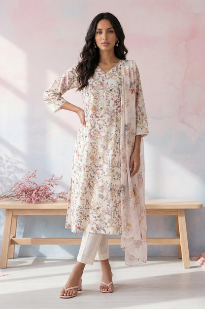 Off White Floral Printed Pure Cotton Straight Kurta with Straight Pants and Dupatta Set