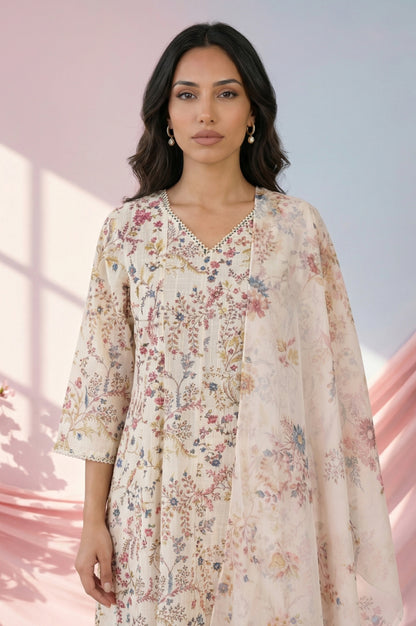 Off White Floral Printed Pure Cotton Straight Kurta with Straight Pants and Dupatta Set