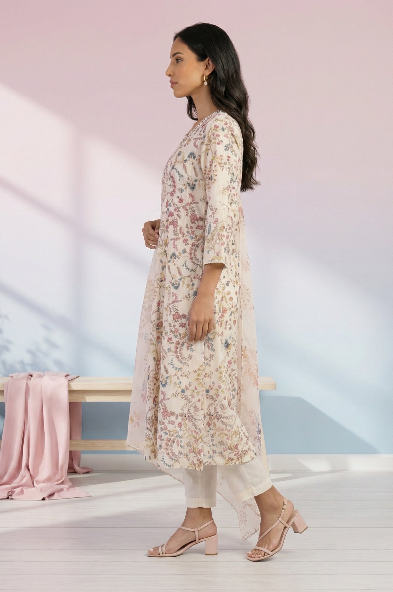 Off White Floral Printed Pure Cotton Straight Kurta with Straight Pants and Dupatta Set