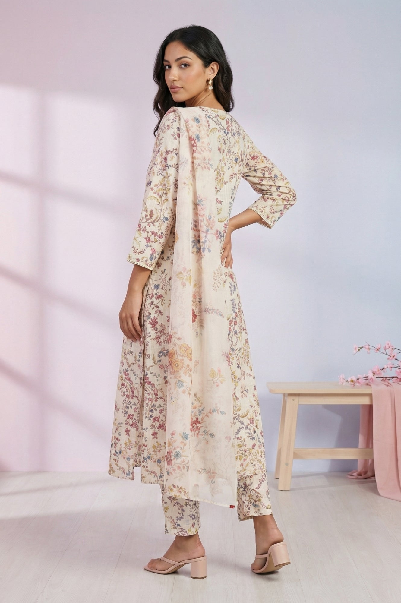 Off White Floral Printed Pure Cotton Straight Kurta with Straight Pants and Dupatta Set