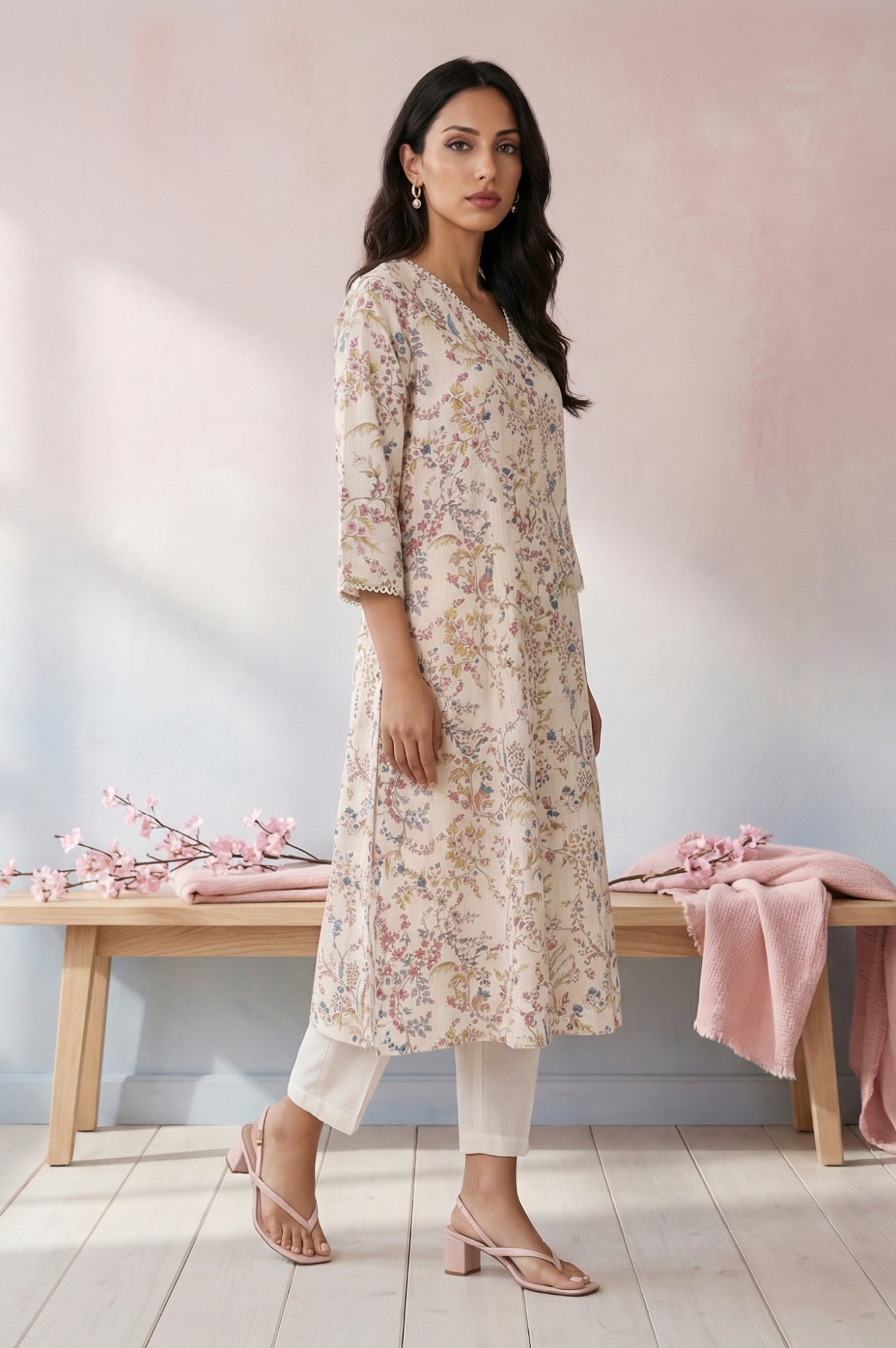 Off White Floral Printed Pure Cotton Straight Kurta with Straight Pants and Dupatta Set