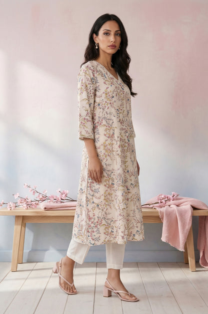 Off White Floral Printed Pure Cotton Straight Kurta with Straight Pants and Dupatta Set