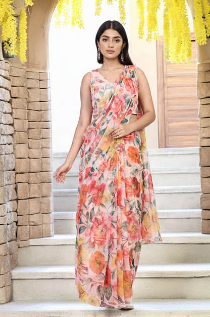 Multicolour Floral Printed Pre-Draped Georgette Saree with Blouse