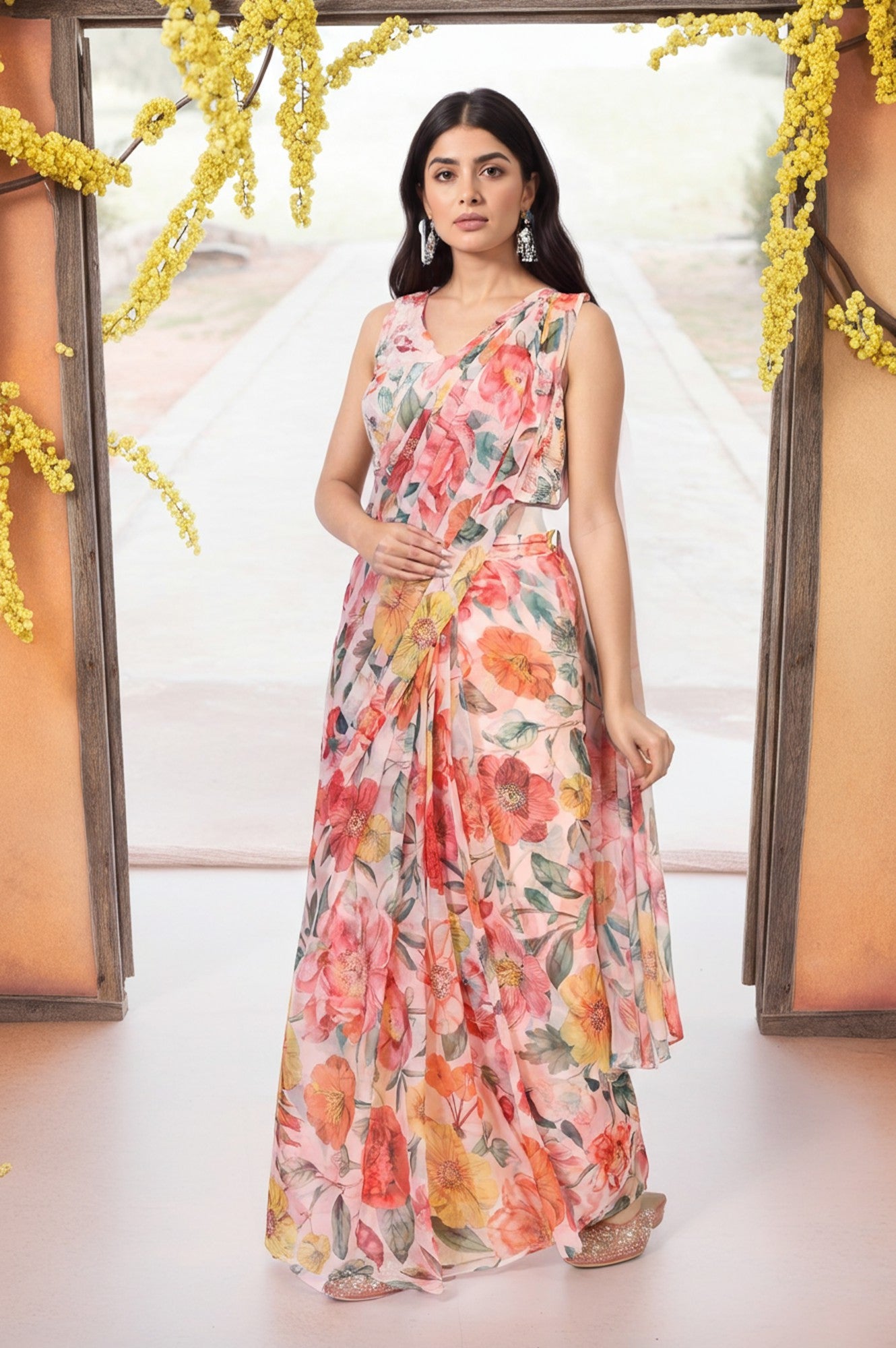 Multicolour Floral Printed Pre-Draped Georgette Saree with Blouse