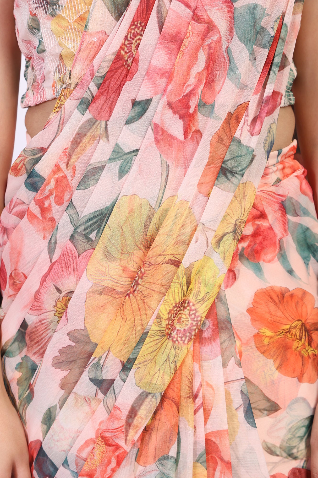 Multicolour Floral Printed Pre-Draped Georgette Saree with Blouse