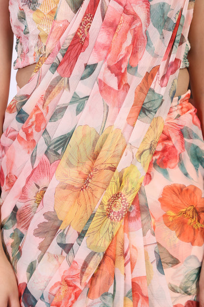 Multicolour Floral Printed Pre-Draped Georgette Saree with Blouse