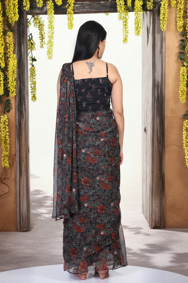 Black Floral Printed Sequined Pre-draped Georgette Saree with Blouse