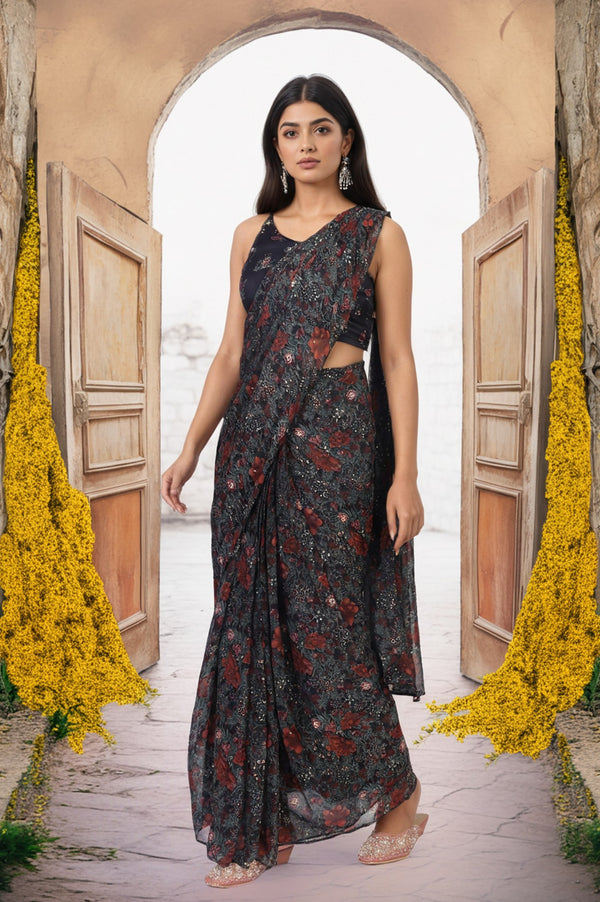 Black Floral Printed Sequined Pre-draped Georgette Saree with Blouse
