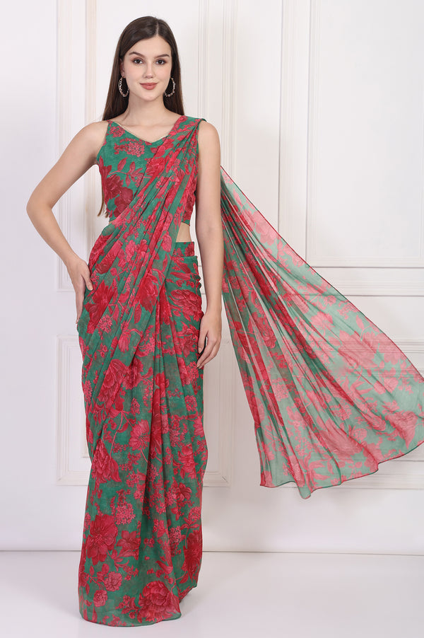 Green Floral Printed Pre-Draped Georgette Saree with Blouse