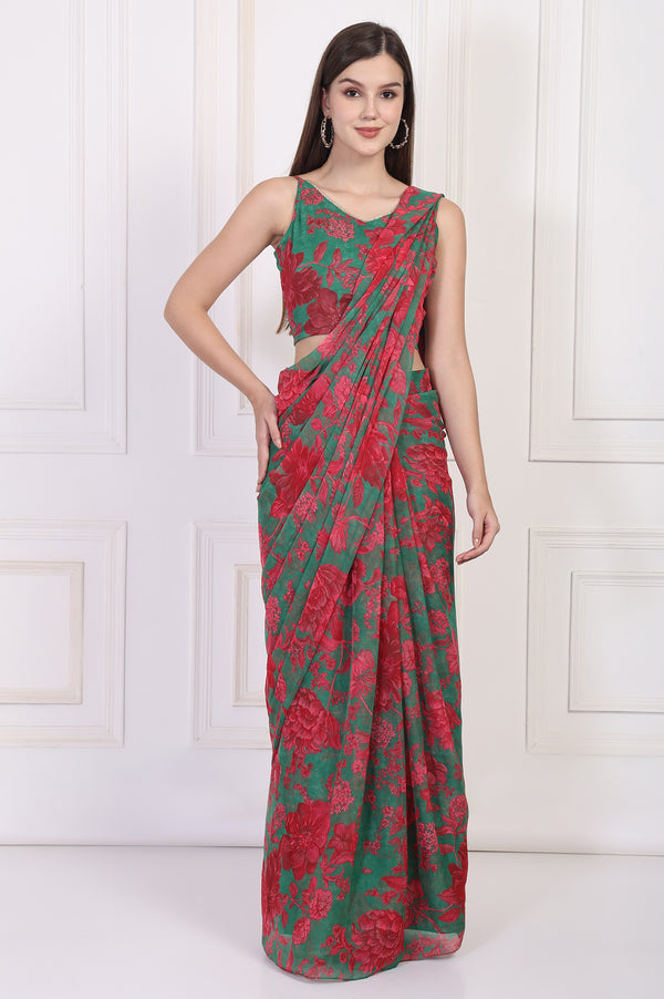 Green Floral Printed Pre-Draped Georgette Saree with Blouse