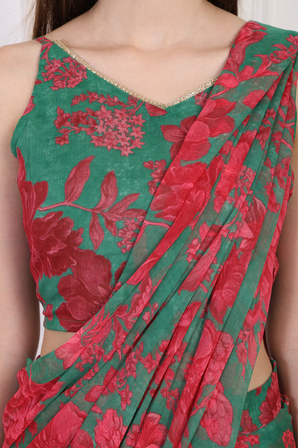 Green Floral Printed Pre-Draped Georgette Saree with Blouse