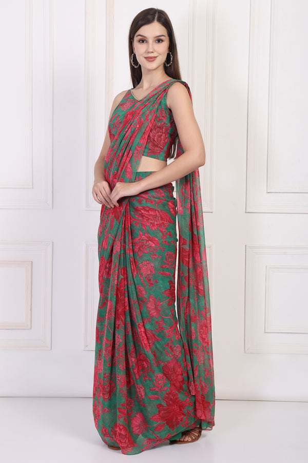 Green Floral Printed Pre-Draped Georgette Saree with Blouse