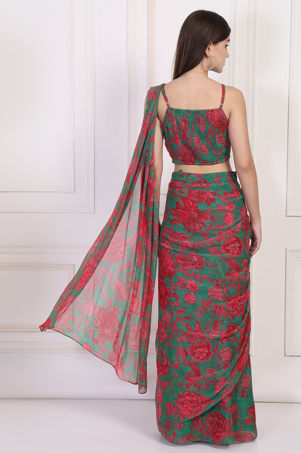 Green Floral Printed Pre-Draped Georgette Saree with Blouse