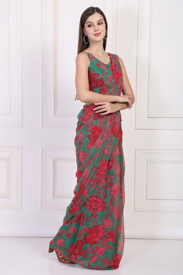Green Floral Printed Pre-Draped Georgette Saree with Blouse