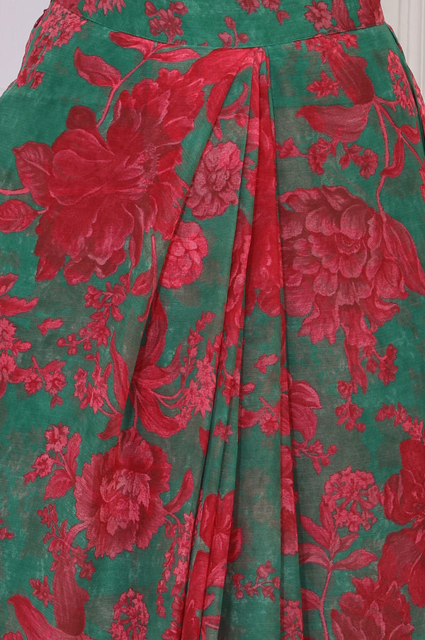 Green Floral Printed Pre-Draped Georgette Saree with Blouse