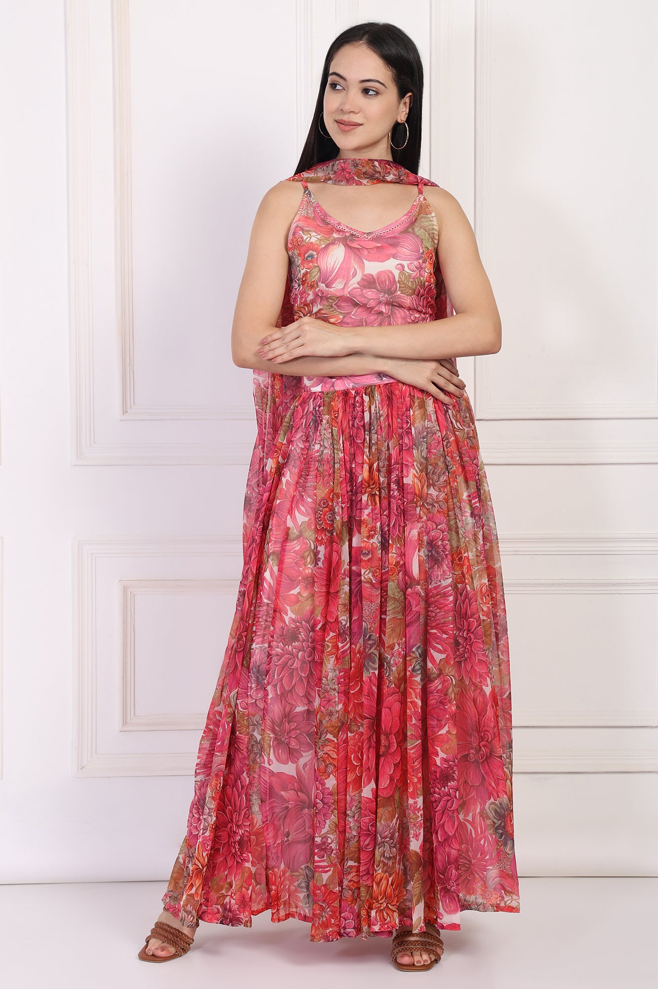 Pink Bold Floral Printed Embellished Georgette Spaghetti Crop Top with Flared Skirt and Dupatta Set
