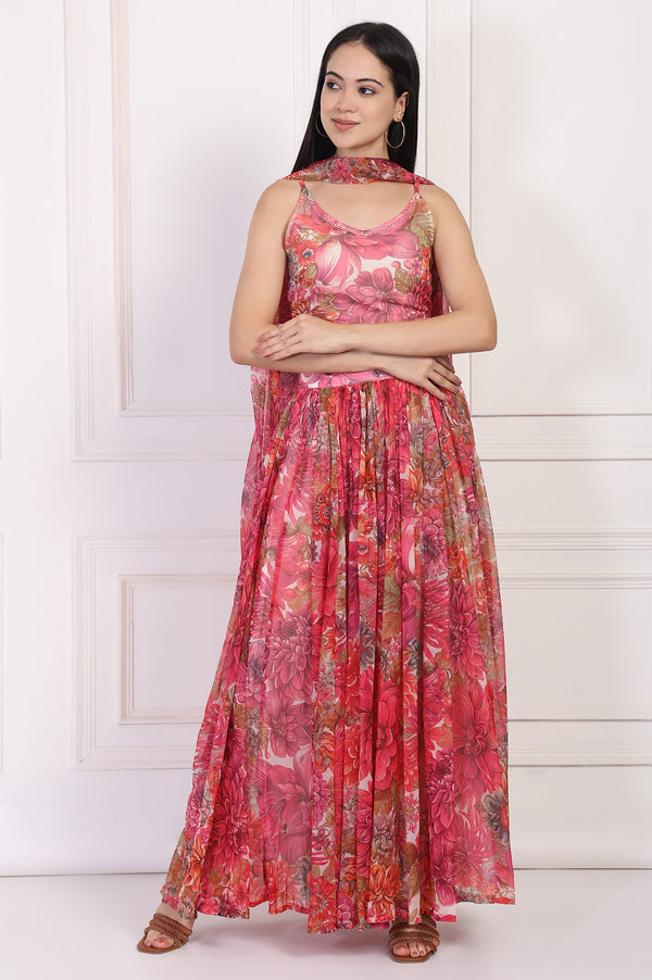 Pink Bold Floral Printed Embellished Georgette Spaghetti Crop Top with Flared Skirt and Dupatta Set
