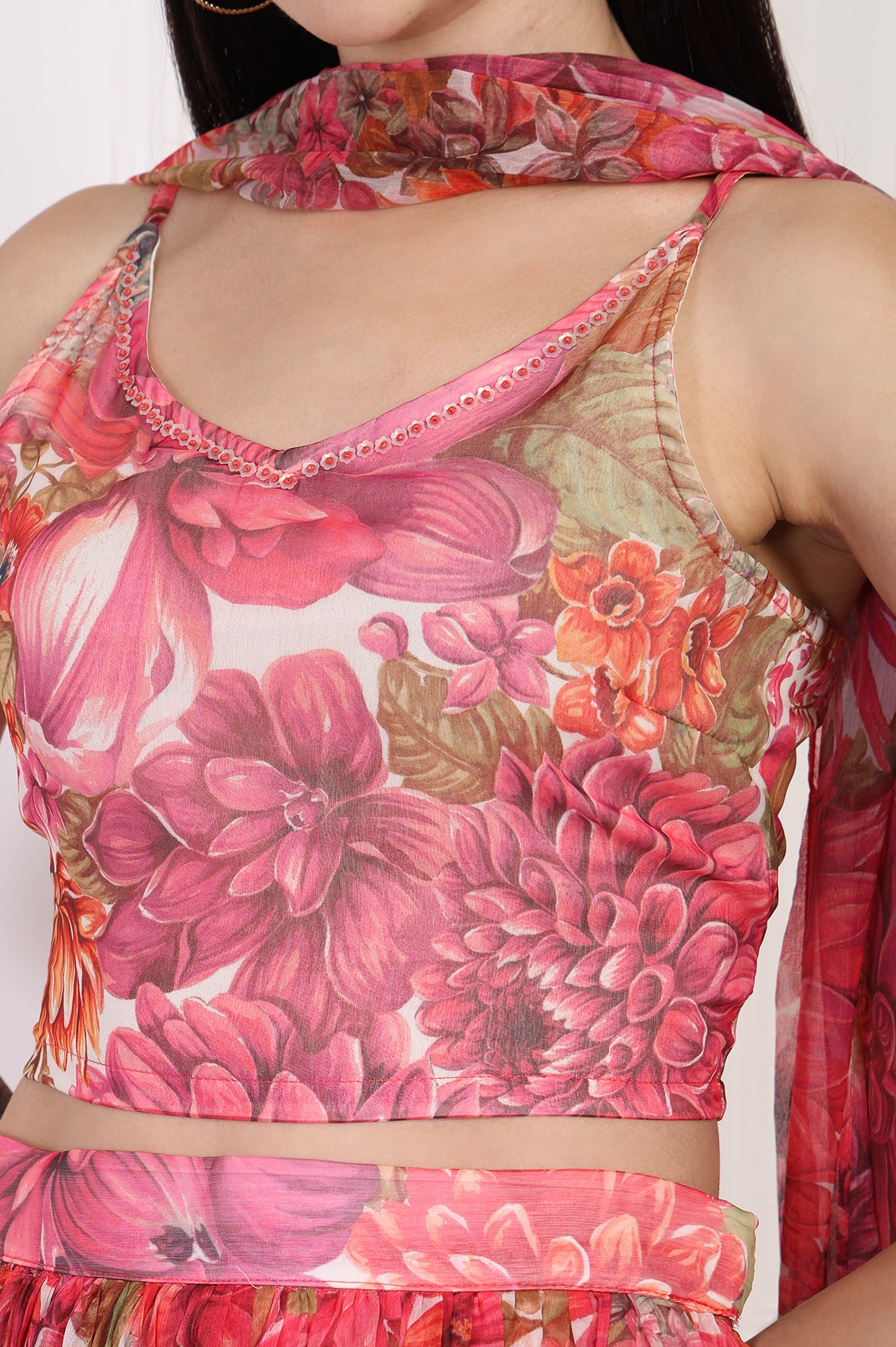 Pink Bold Floral Printed Embellished Georgette Spaghetti Crop Top with Flared Skirt and Dupatta Set