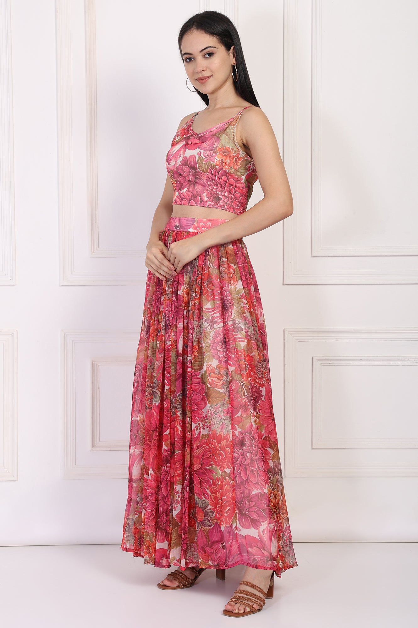 Pink Bold Floral Printed Embellished Georgette Spaghetti Crop Top with Flared Skirt and Dupatta Set
