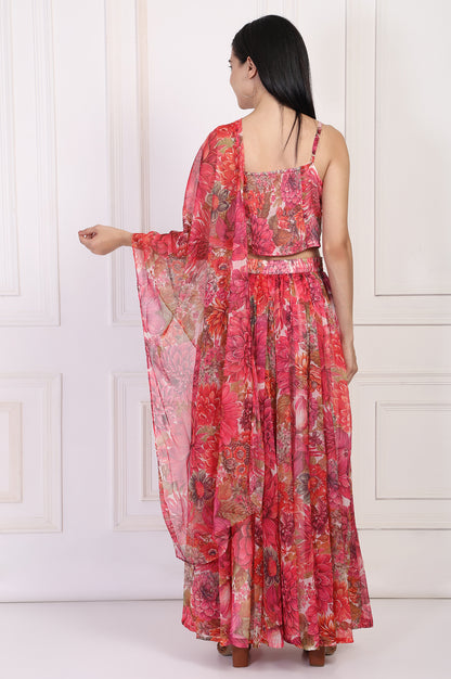 Pink Bold Floral Printed Embellished Georgette Spaghetti Crop Top with Flared Skirt and Dupatta Set