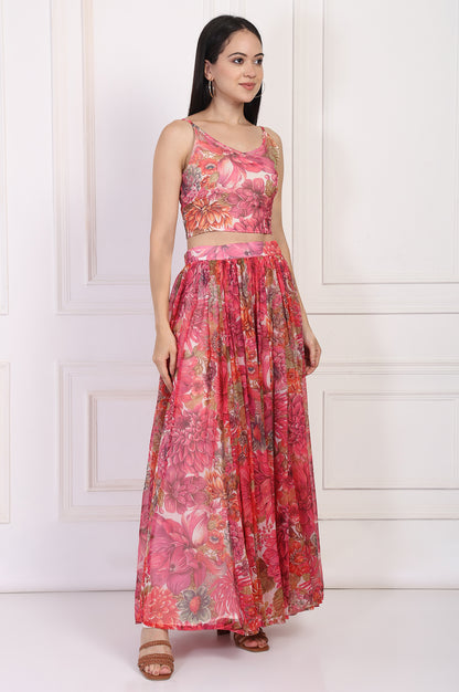 Pink Bold Floral Printed Embellished Georgette Spaghetti Crop Top with Flared Skirt and Dupatta Set