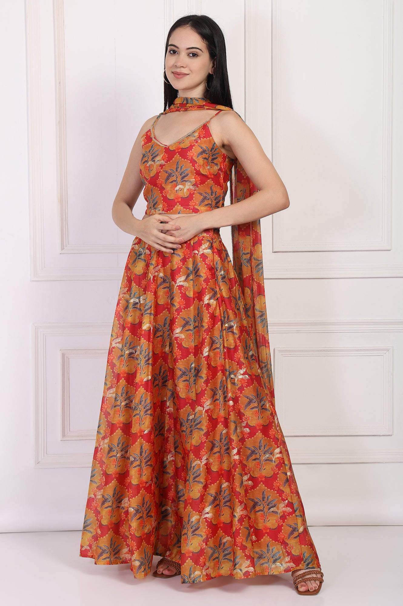 Red Floral Printed Crepe Crop Top with Skirt and Dupatta Set