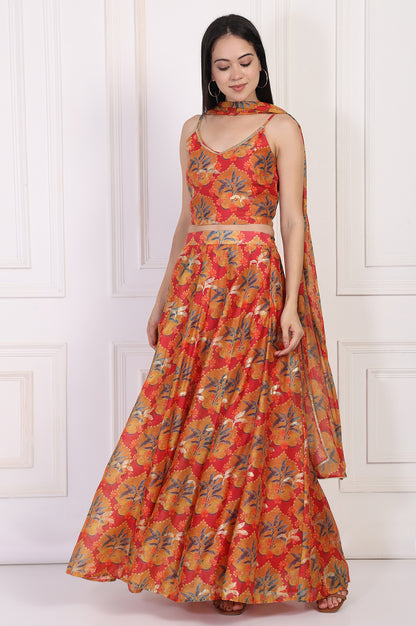 Red Floral Printed Crepe Crop Top with Skirt and Dupatta Set