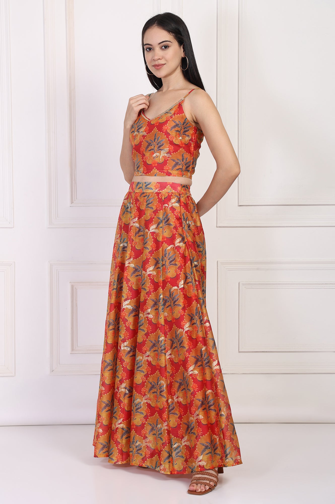 Red Floral Printed Crepe Crop Top with Skirt and Dupatta Set