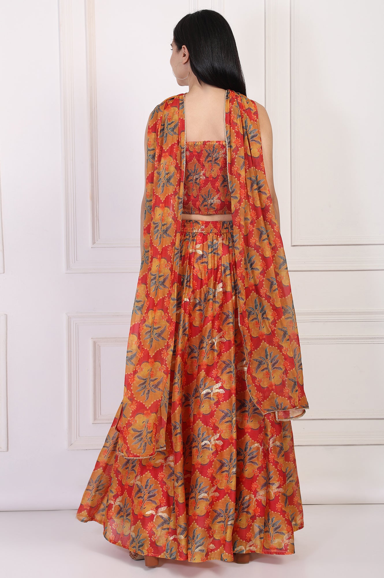 Red Floral Printed Crepe Crop Top with Skirt and Dupatta Set
