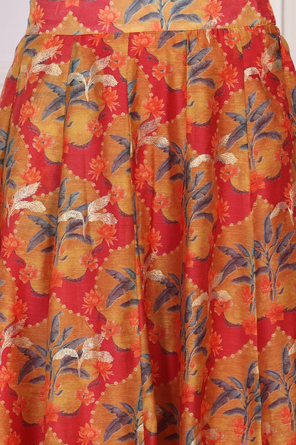 Red Floral Printed Crepe Crop Top with Skirt and Dupatta Set