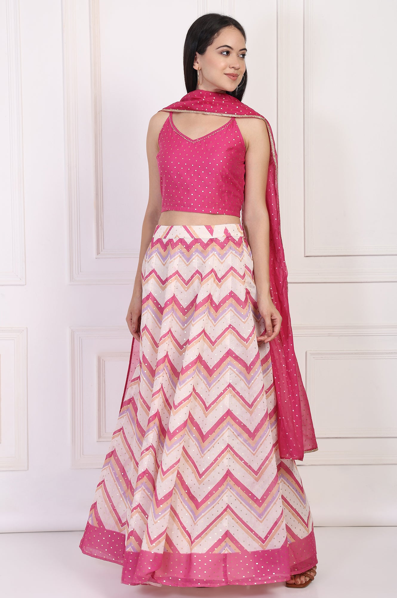Pink Foil Printed Sequined Flared Crop Top with Skirt and Dupatta Set