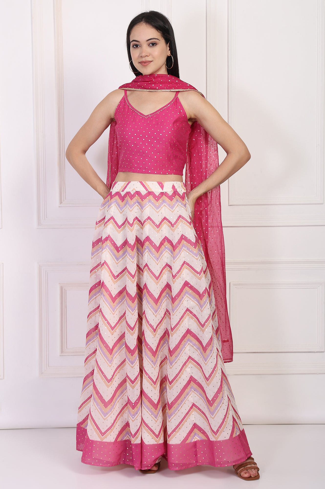 Pink Foil Printed Sequined Flared Crop Top with Skirt and Dupatta Set