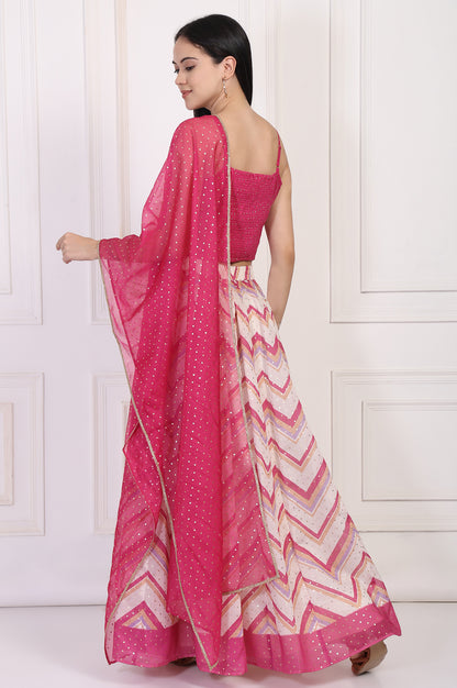 Pink Foil Printed Sequined Flared Crop Top with Skirt and Dupatta Set