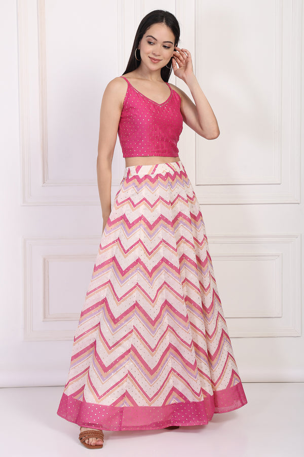 Pink Foil Printed Sequined Flared Crop Top with Skirt and Dupatta Set